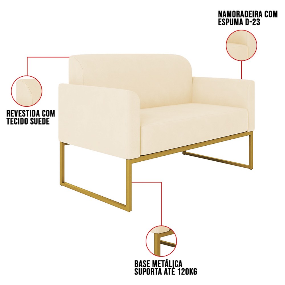Poltrona Namoradeira 2 Lugares Base Industrial Dourada Maressa S03 Suede Bege - Ibiza