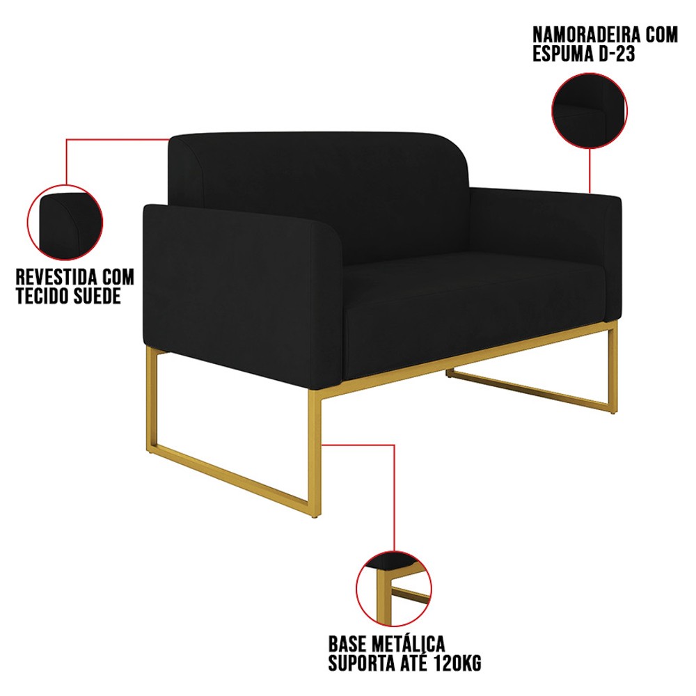 Poltrona Namoradeira 2 Lugares Base Industrial Dourada Maressa S07 Suede Preto - Ibiza