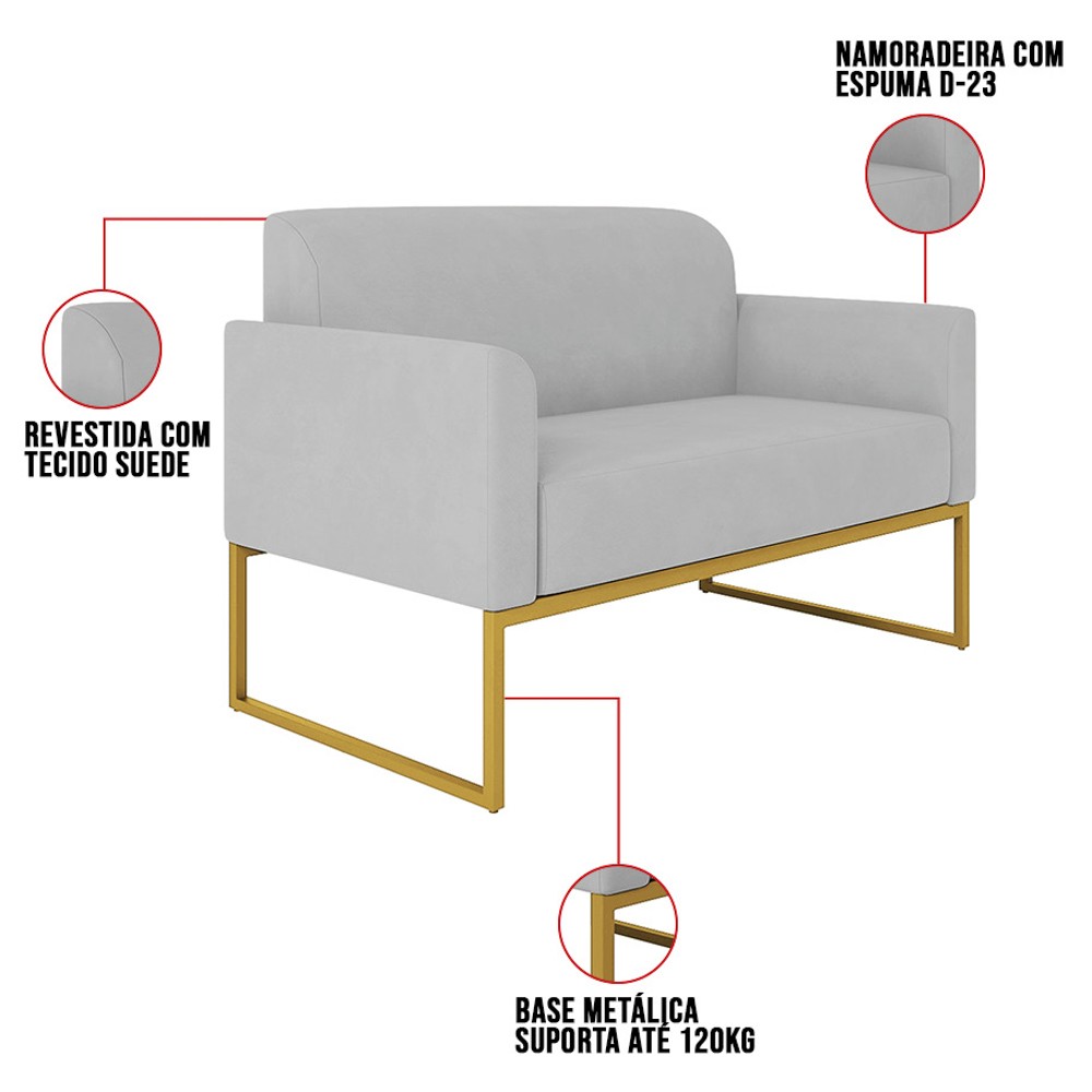 Poltrona Namoradeira 2 Lugares Base Industrial Dourada Maressa S10 Suede Cinza - Ibiza