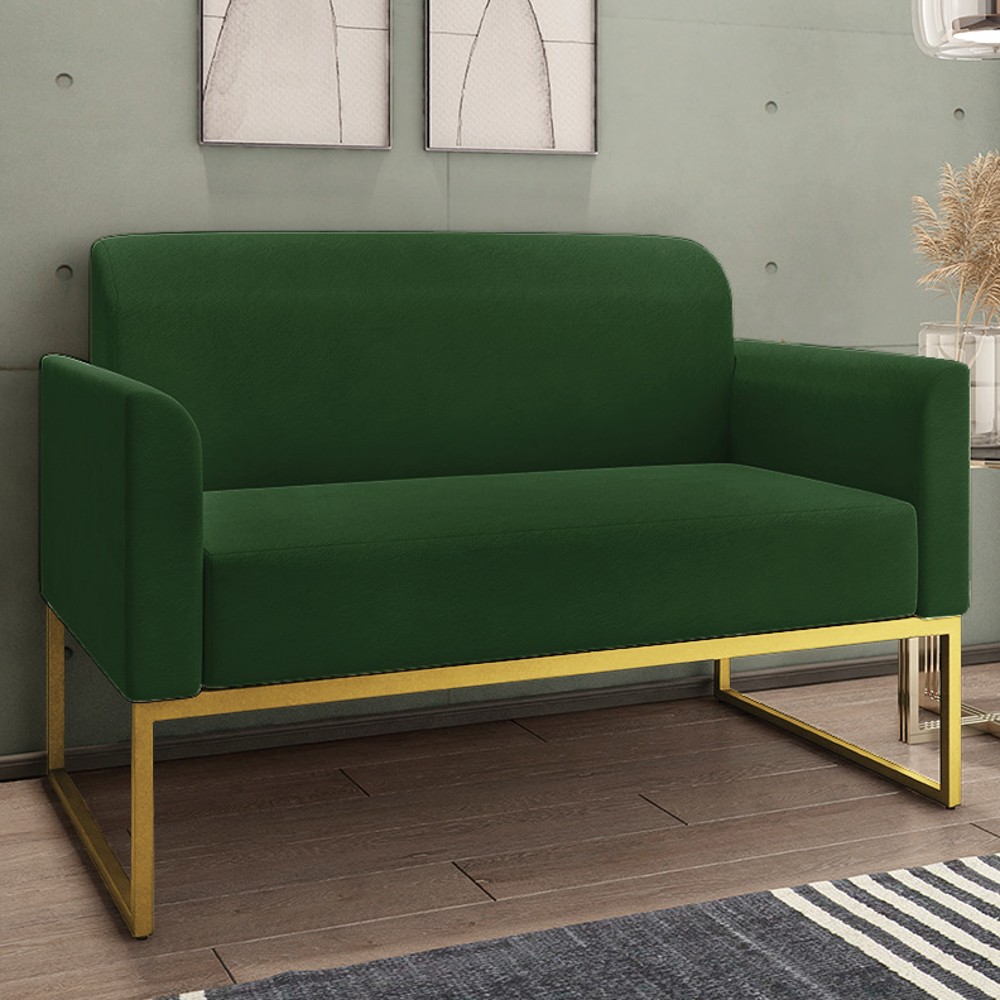 Poltrona Namoradeira 2 Lugares Base Industrial Dourada Maressa S23 Suede Verde - Ibiza