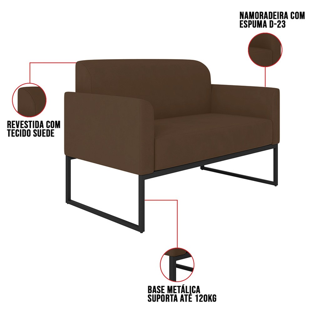 Poltrona Namoradeira 2 Lugares Base Industrial Preta Maressa S06 Suede Marrom - Ibiza