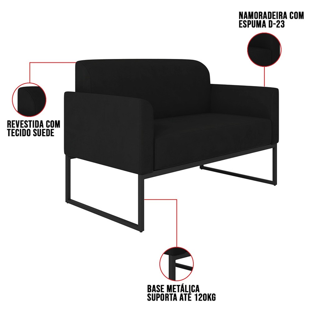 Poltrona Namoradeira 2 Lugares Base Industrial Preta Maressa S07 Suede Preto - Ibiza