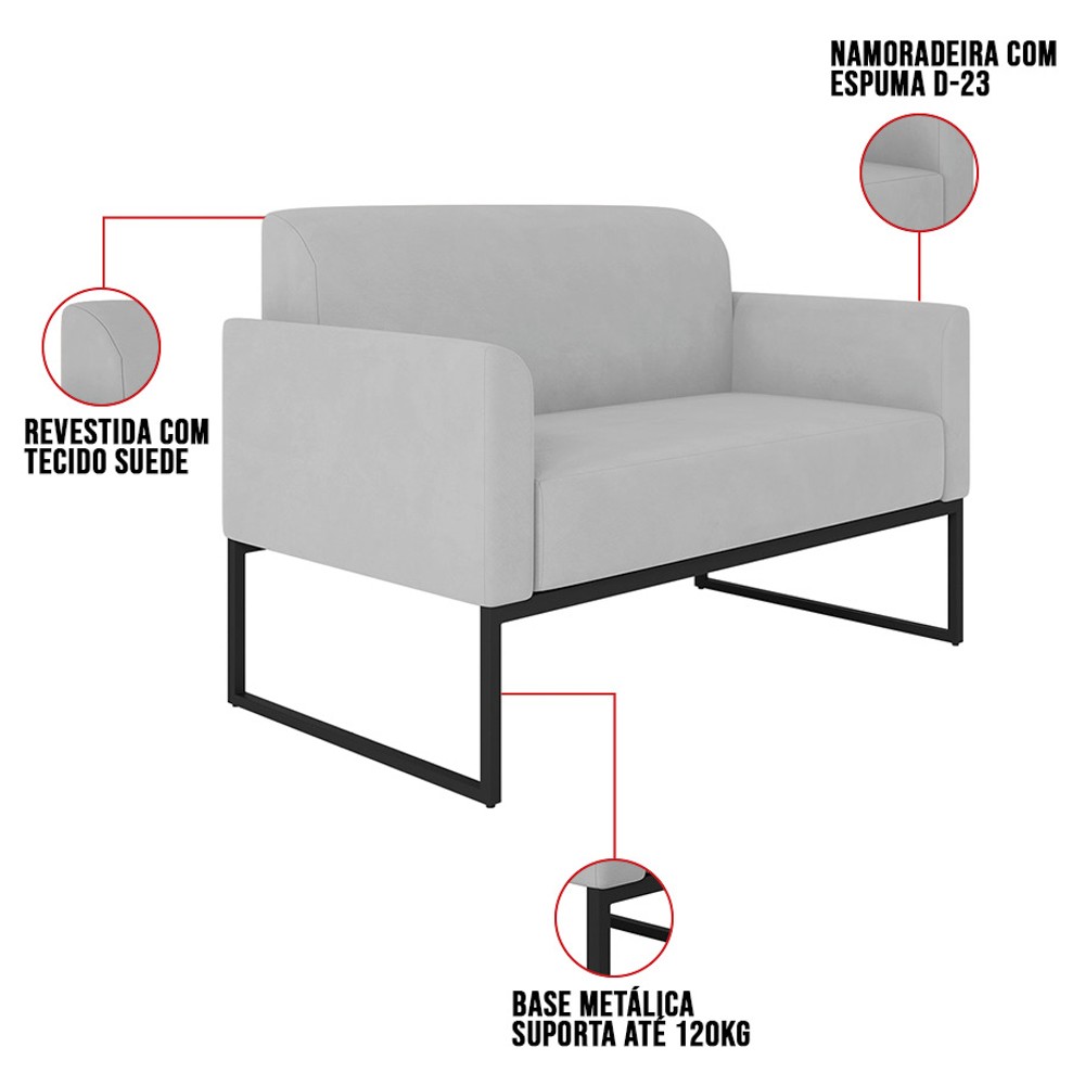 Poltrona Namoradeira 2 Lugares Base Industrial Preta Maressa S10 Suede Cinza - Ibiza