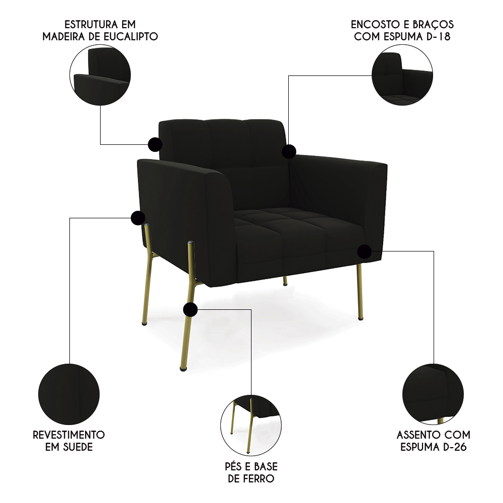 Poltrona Para Sala Pé Metal Dourado Kit 2 Ana Suede Preto - Ibiza