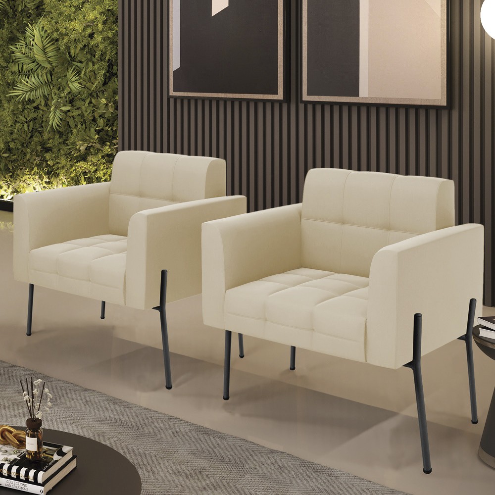 Poltrona Para Sala Pé Metal Preto Kit 2 Ana Suede Bege - Ibiza