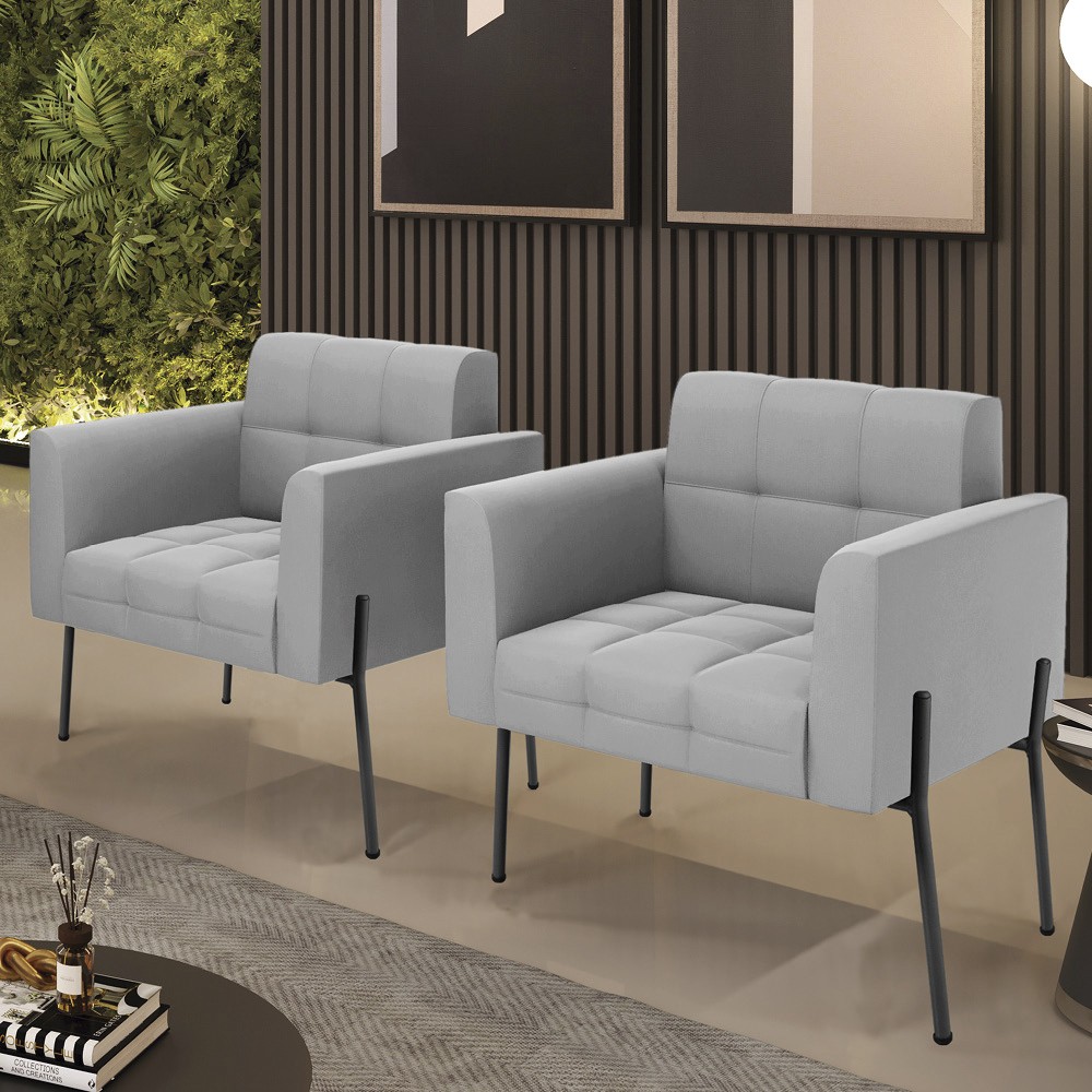 Poltrona Para Sala Pé Metal Preto Kit 2 Ana Suede Cinza - Ibiza