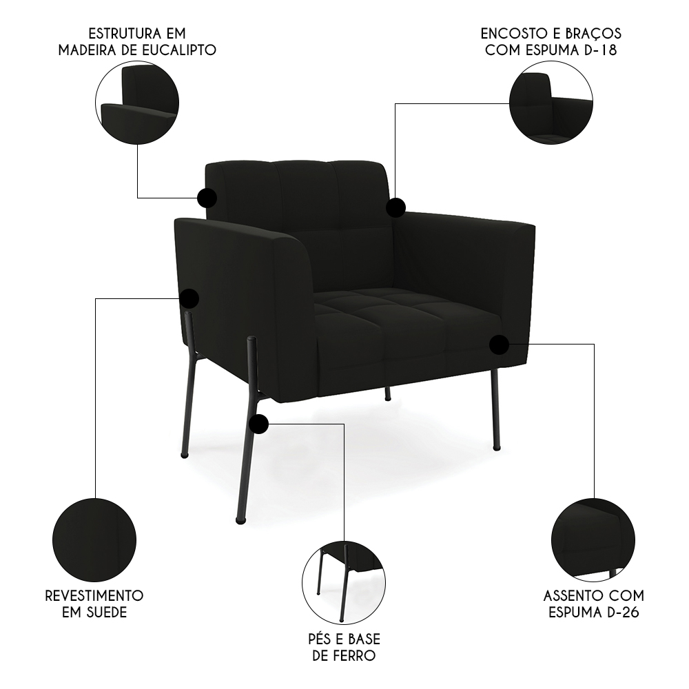 Poltrona Para Sala Pé Metal Preto Kit 2 Ana Suede Preto - Ibiza