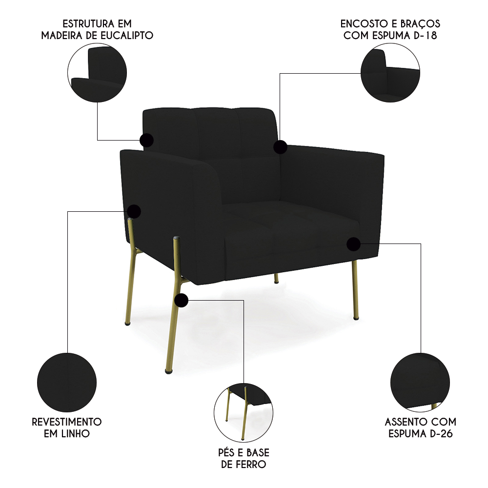 Poltrona Para Sala Pés Metálicos Dourado Ana Linho Preto - Ibiza