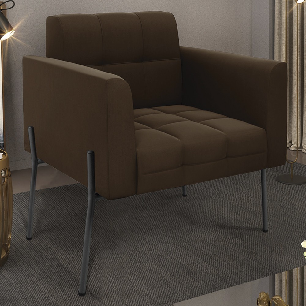 Poltrona Para Sala Pés Metálicos Preto Ana Suede Marrom - Ibiza