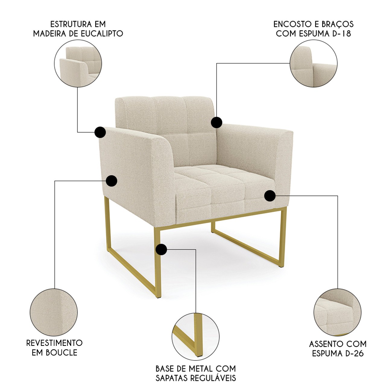 Poltrona Sala Base Industrial Dourado Kit 2 Ana Bouclé Bege - Ibiza