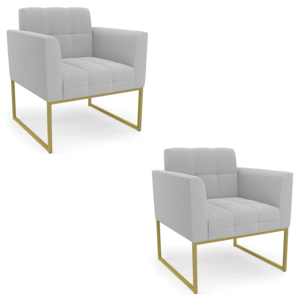 Poltrona Sala Base Industrial Dourado Kit 2 Ana Bouclé Cinza - Ibiza