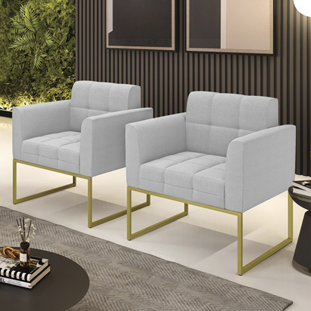 Poltrona Sala Base Industrial Dourado Kit 2 Ana Bouclé Cinza - Ibiza