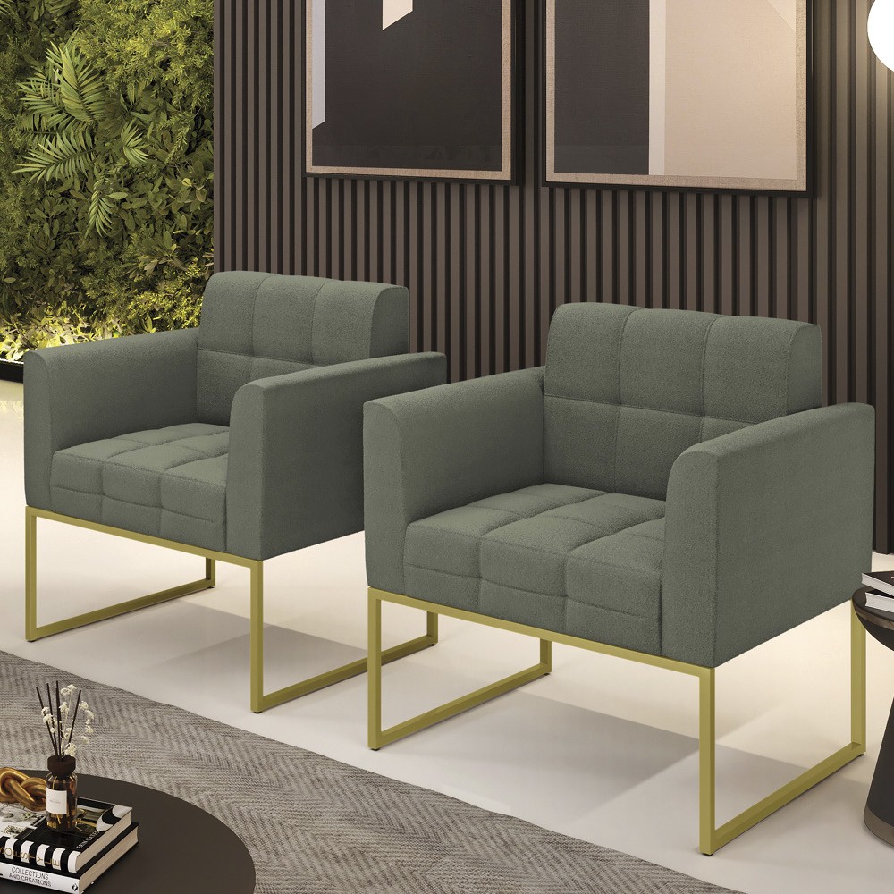 Poltrona Sala Base Industrial Dourado Kit 2 Ana Bouclé Menta - Ibiza