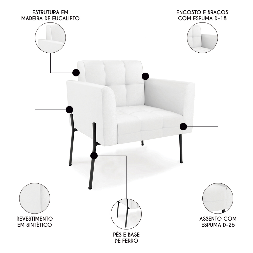Poltrona Sala Pé Metal Preto Kit 2 Ana Sintético Branco - Ibiza