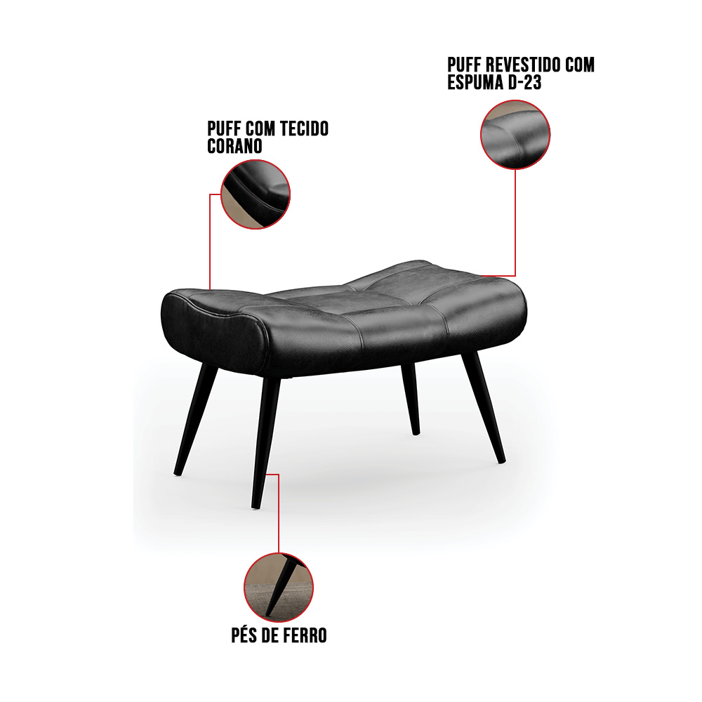 Puff Decorativo Para Sala de Estar Pés Palito Lord Sintético Preto - Ibiza