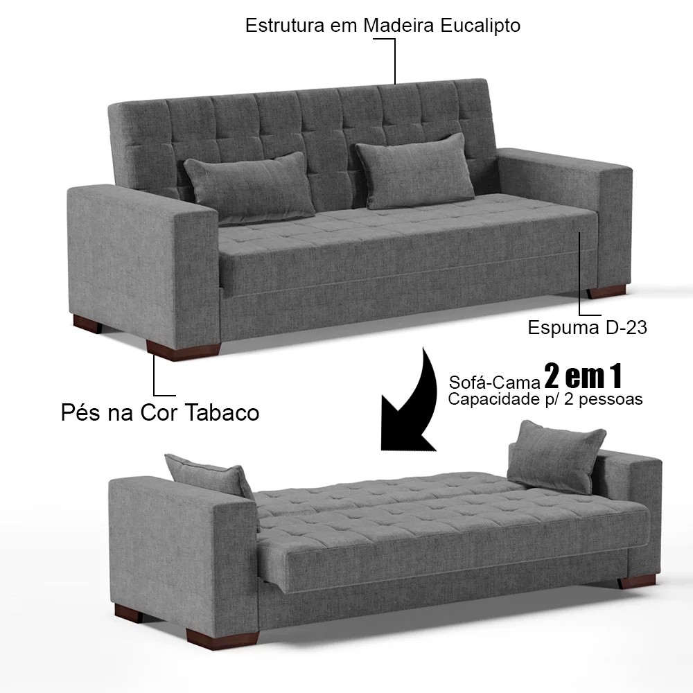 Sofá Cama para Sala de Estar Lisboa Linho Grafite - Ibiza