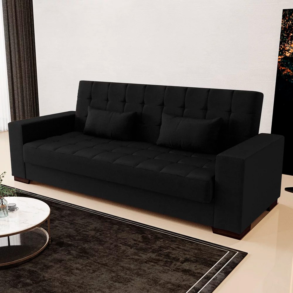 Sofá Cama para Sala de Estar Lisboa Linho Preto - Ibiza