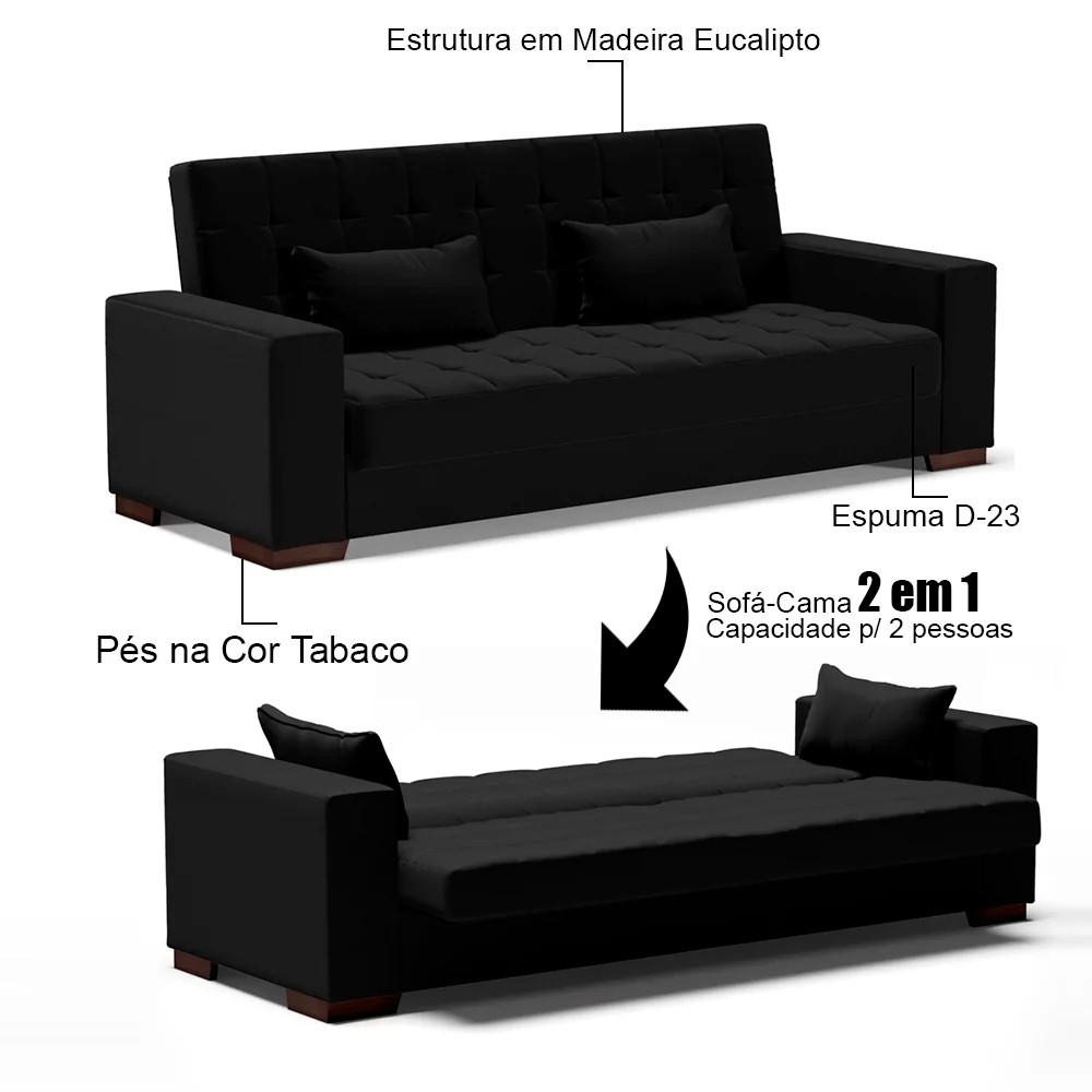 Sofá Cama para Sala de Estar Lisboa Linho Preto - Ibiza