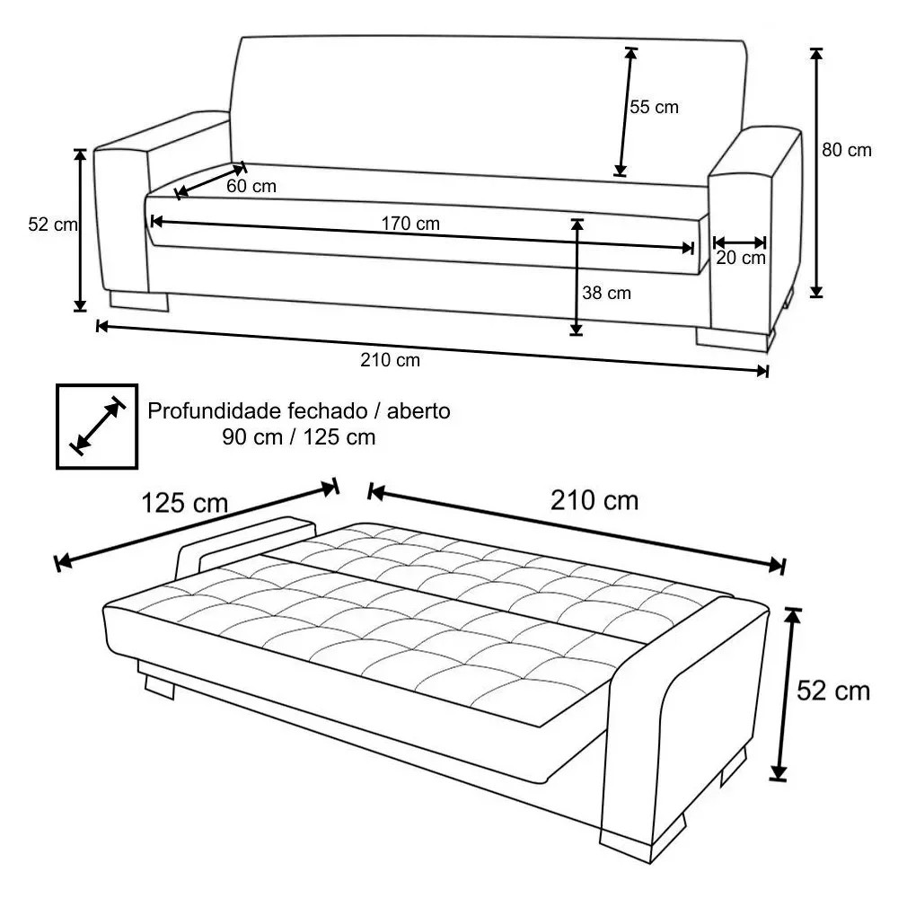 Sofá Cama para Sala de Estar Lisboa Linho Preto - Ibiza