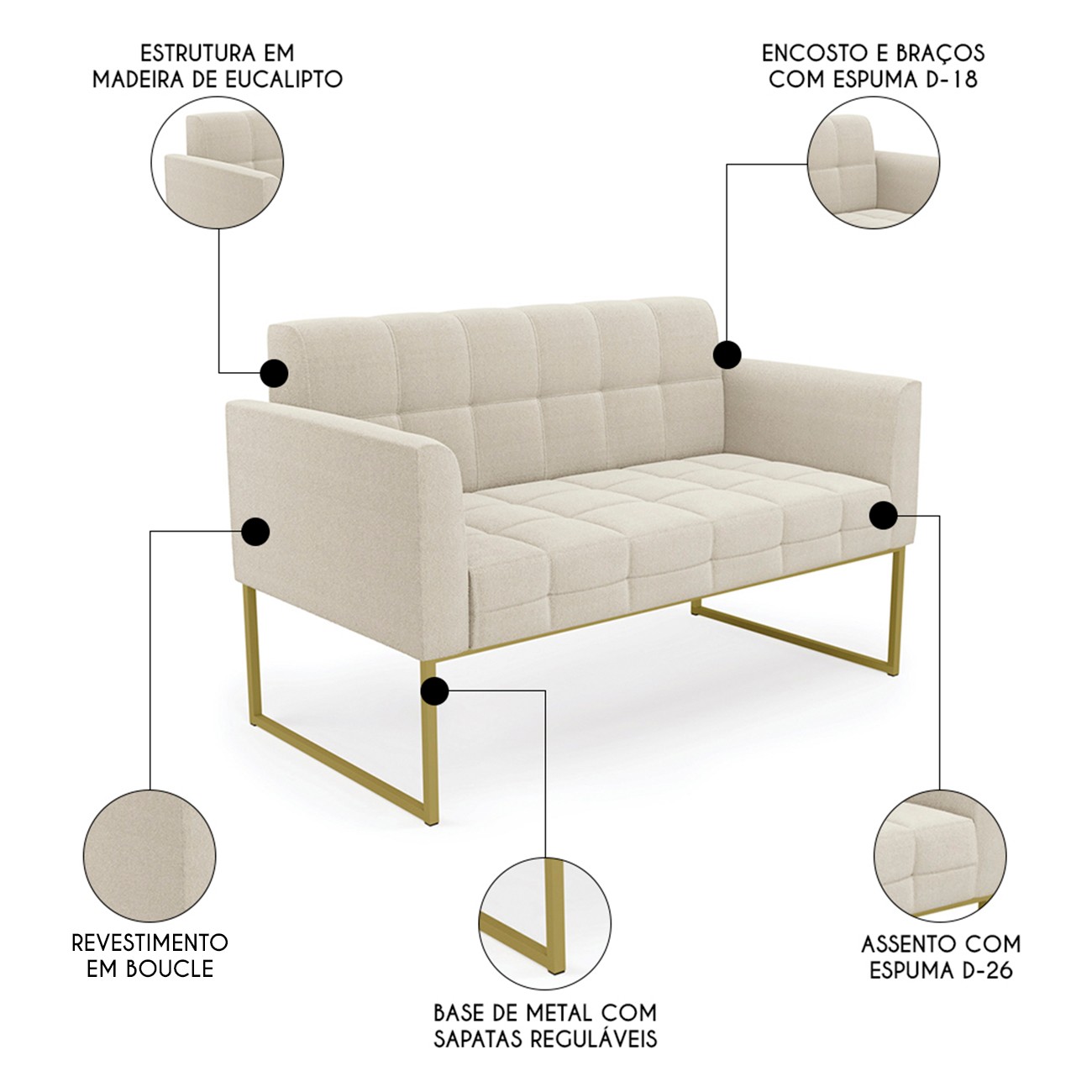 Sofá Namoradeira Base Industrial Dourado Ana Bouclé Bege - Ibiza