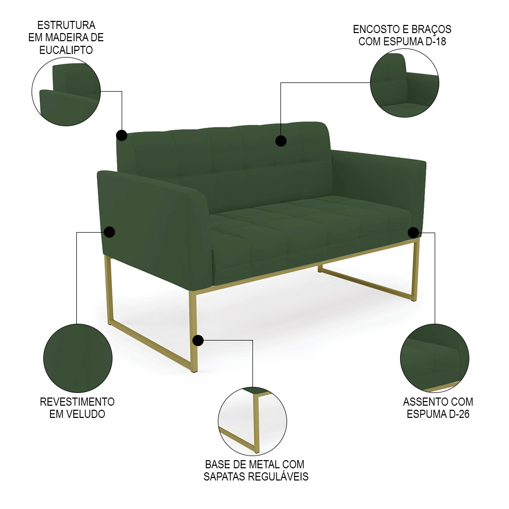 Sofá Namoradeira Base Industrial Dourado Ana Veludo Verde - Ibiza