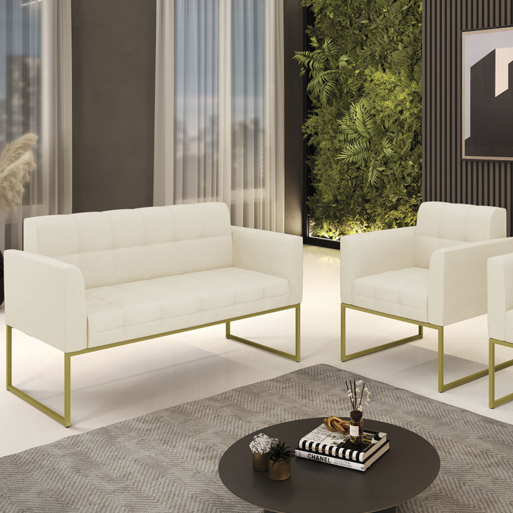 Sofá Namoradeira e 1 Poltrona Base Industrial Dourado Ana Linho Bege - Ibiza