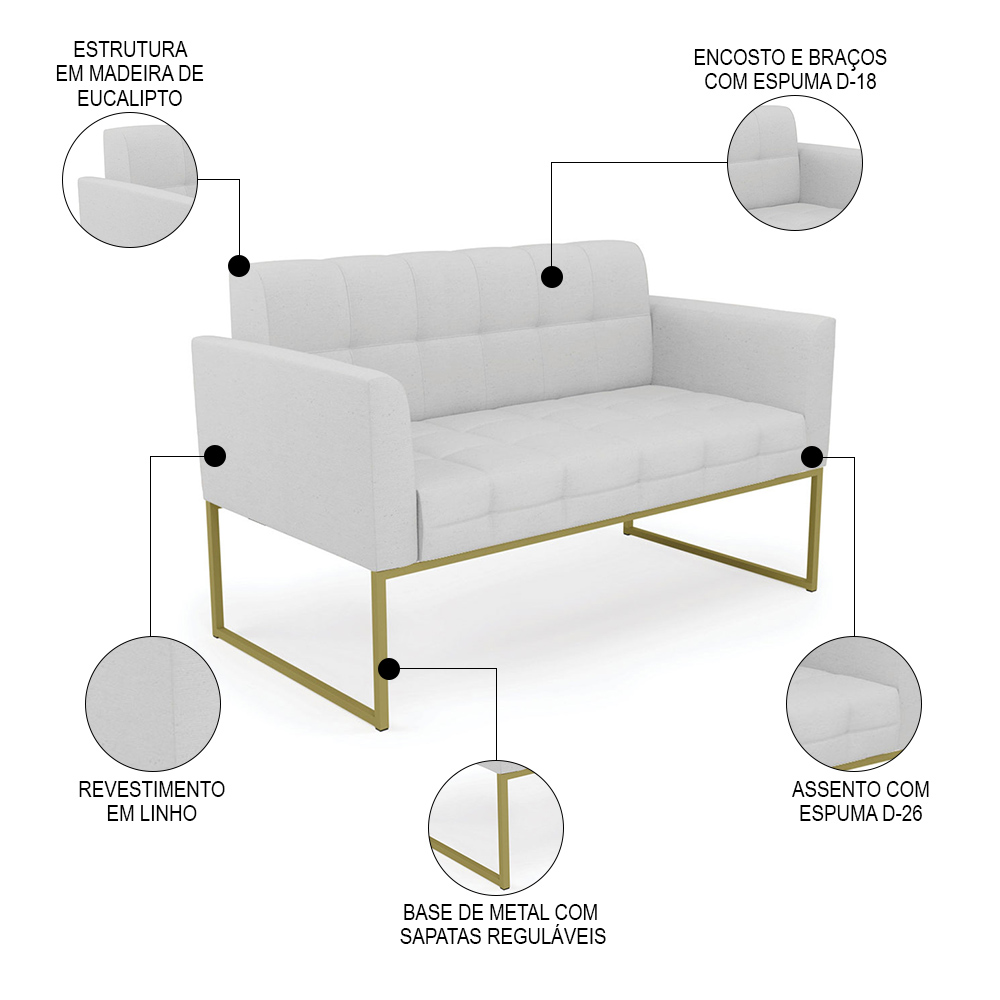 Sofá Namoradeira e 1 Poltrona Base Industrial Dourado Ana Linho Cinza - Ibiza