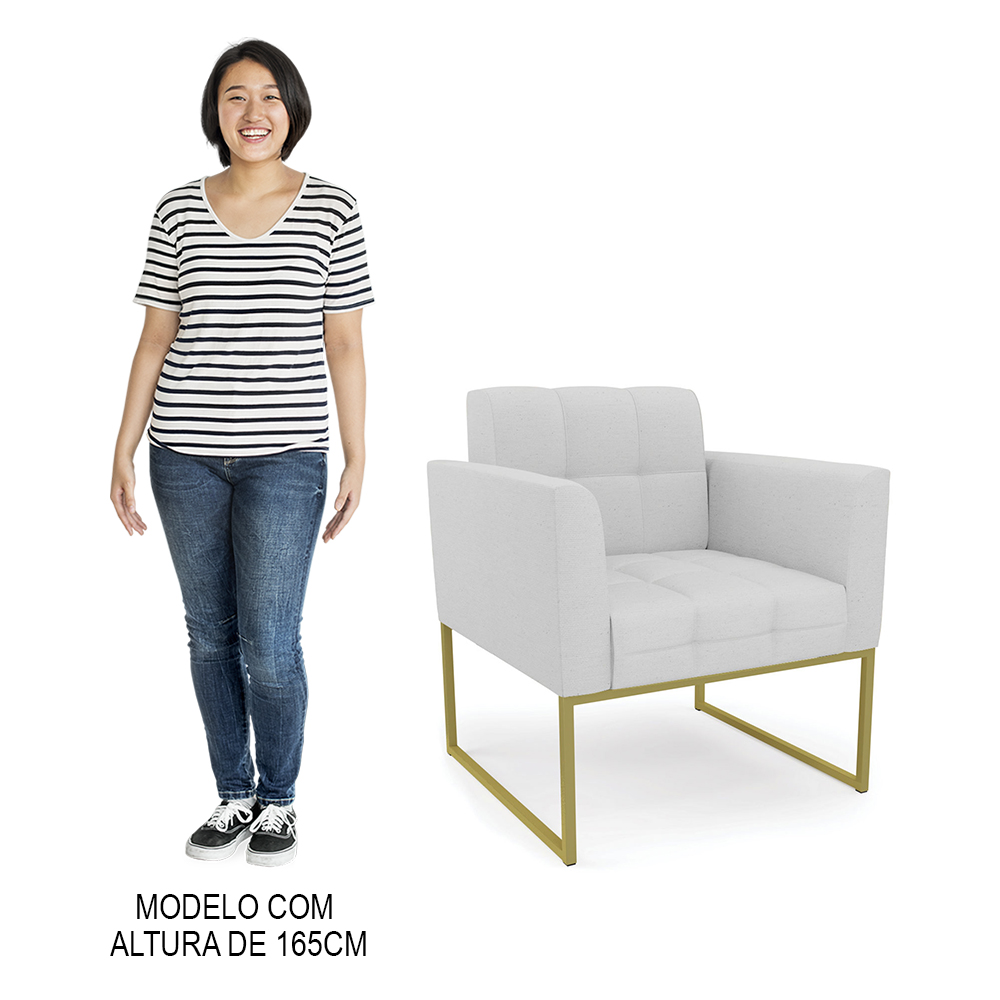 Sofá Namoradeira e 1 Poltrona Base Industrial Dourado Ana Linho Cinza - Ibiza