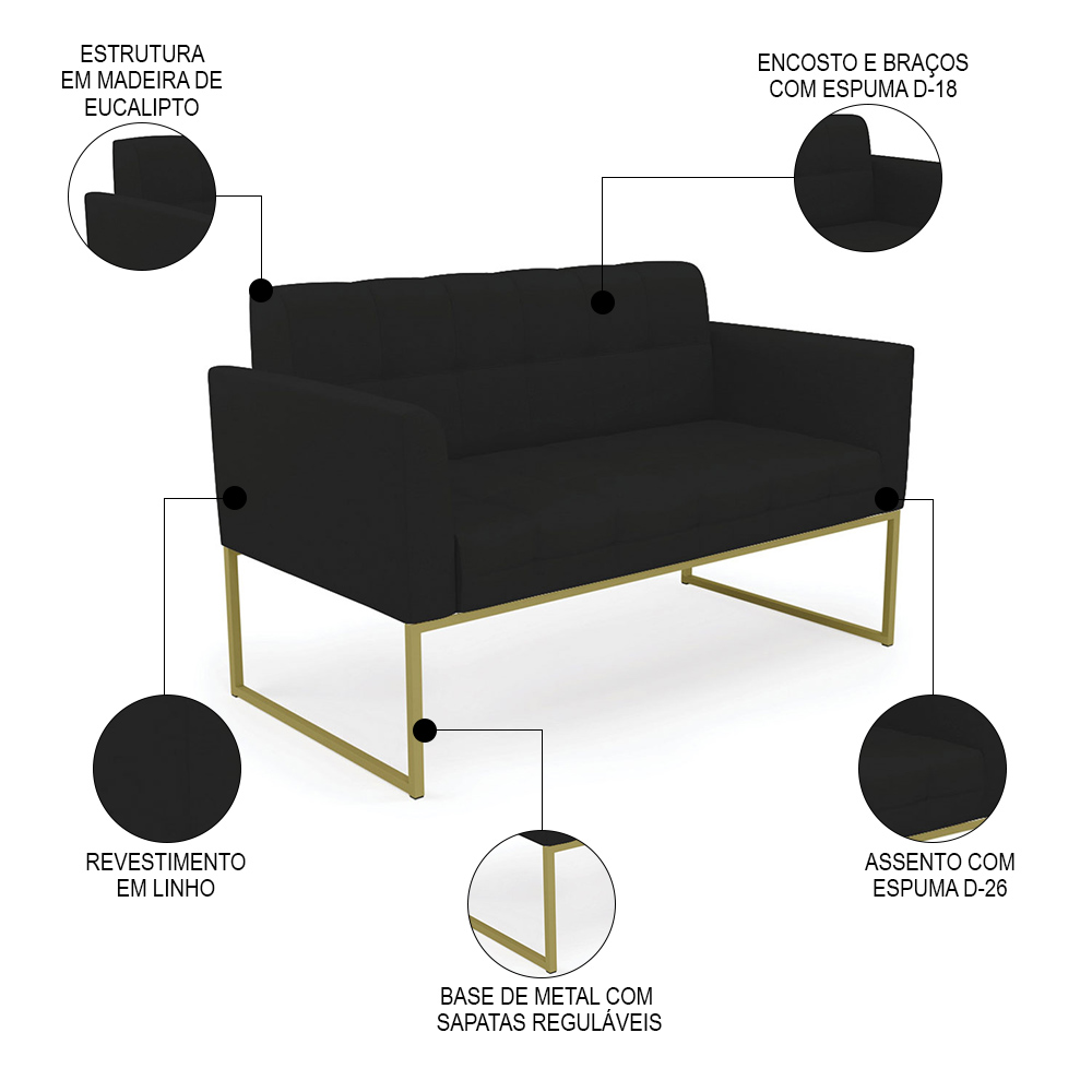 Sofá Namoradeira e 1 Poltrona Base Industrial Dourado Ana Linho Preto - Ibiza