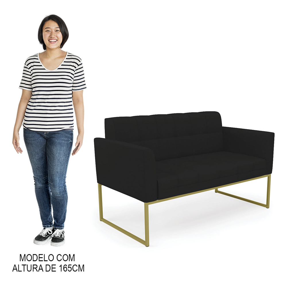 Sofá Namoradeira e 1 Poltrona Base Industrial Dourado Ana Linho Preto - Ibiza