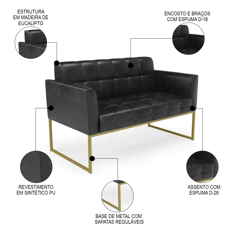 Sofá Namoradeira e 1 Poltrona Base Industrial Dourado Ana Sintético PU Preto - Ibiza