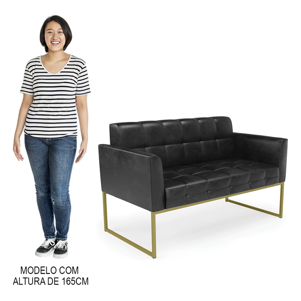 Sofá Namoradeira e 1 Poltrona Base Industrial Dourado Ana Sintético PU Preto - Ibiza
