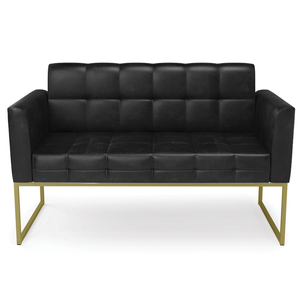Sofá Namoradeira e 1 Poltrona Base Industrial Dourado Ana Sintético PU Preto - Ibiza