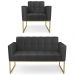 Sofá Namoradeira e 1 Poltrona Base Industrial Dourado Ana Sintético Preto - Ibiza