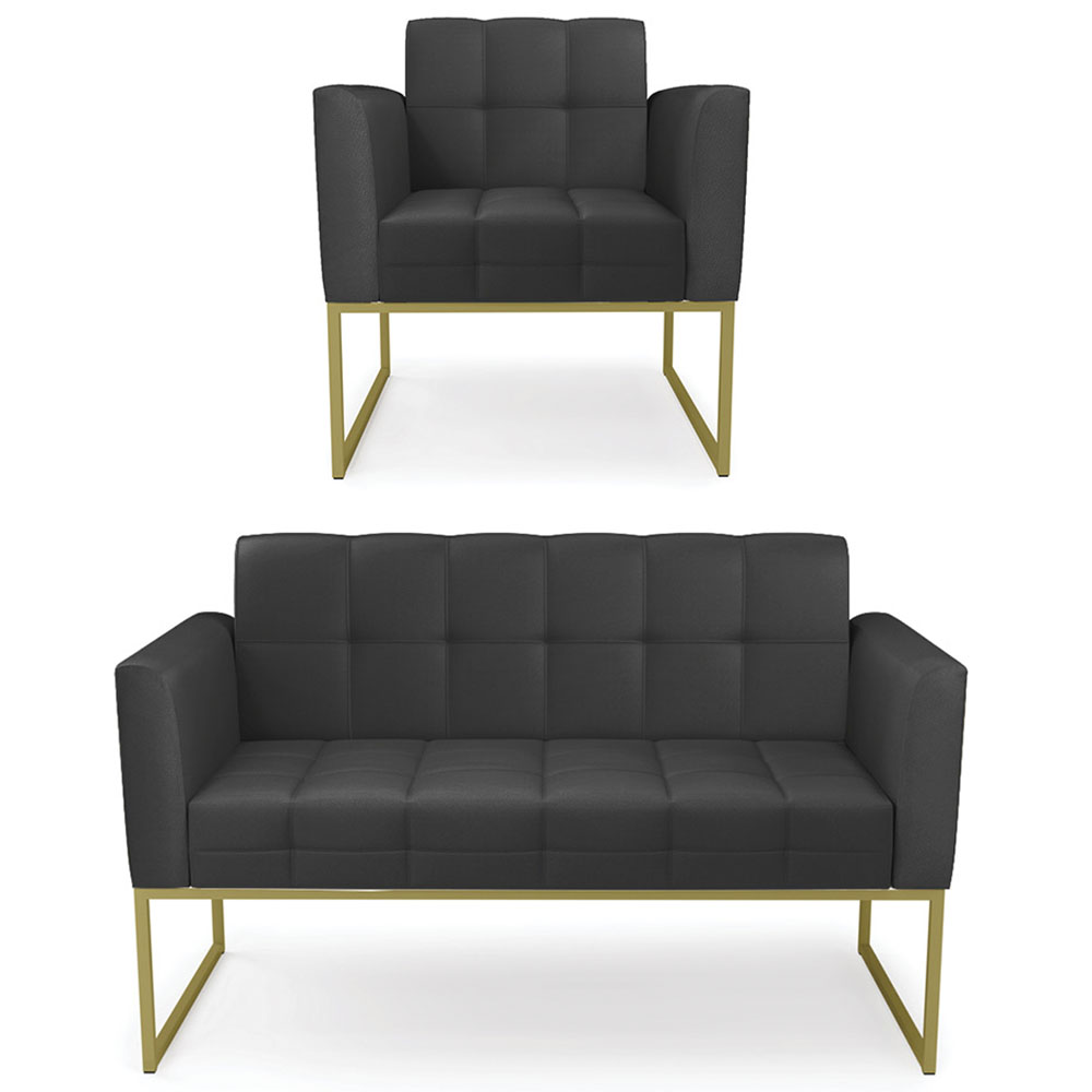 Sofá Namoradeira e 1 Poltrona Base Industrial Dourado Ana Sintético Preto - Ibiza
