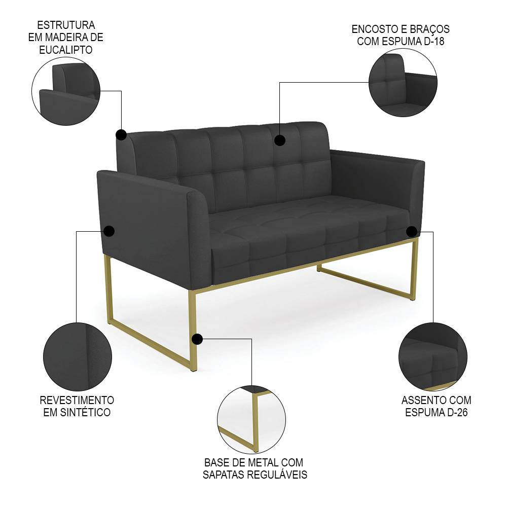Sofá Namoradeira e 1 Poltrona Base Industrial Dourado Ana Sintético Preto - Ibiza