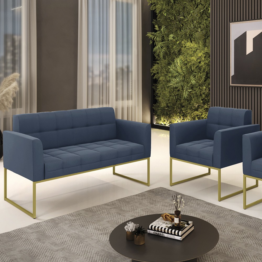 Sofá Namoradeira e 1 Poltrona Base Industrial Dourado Ana Suede Azul Marinho - Ibiza