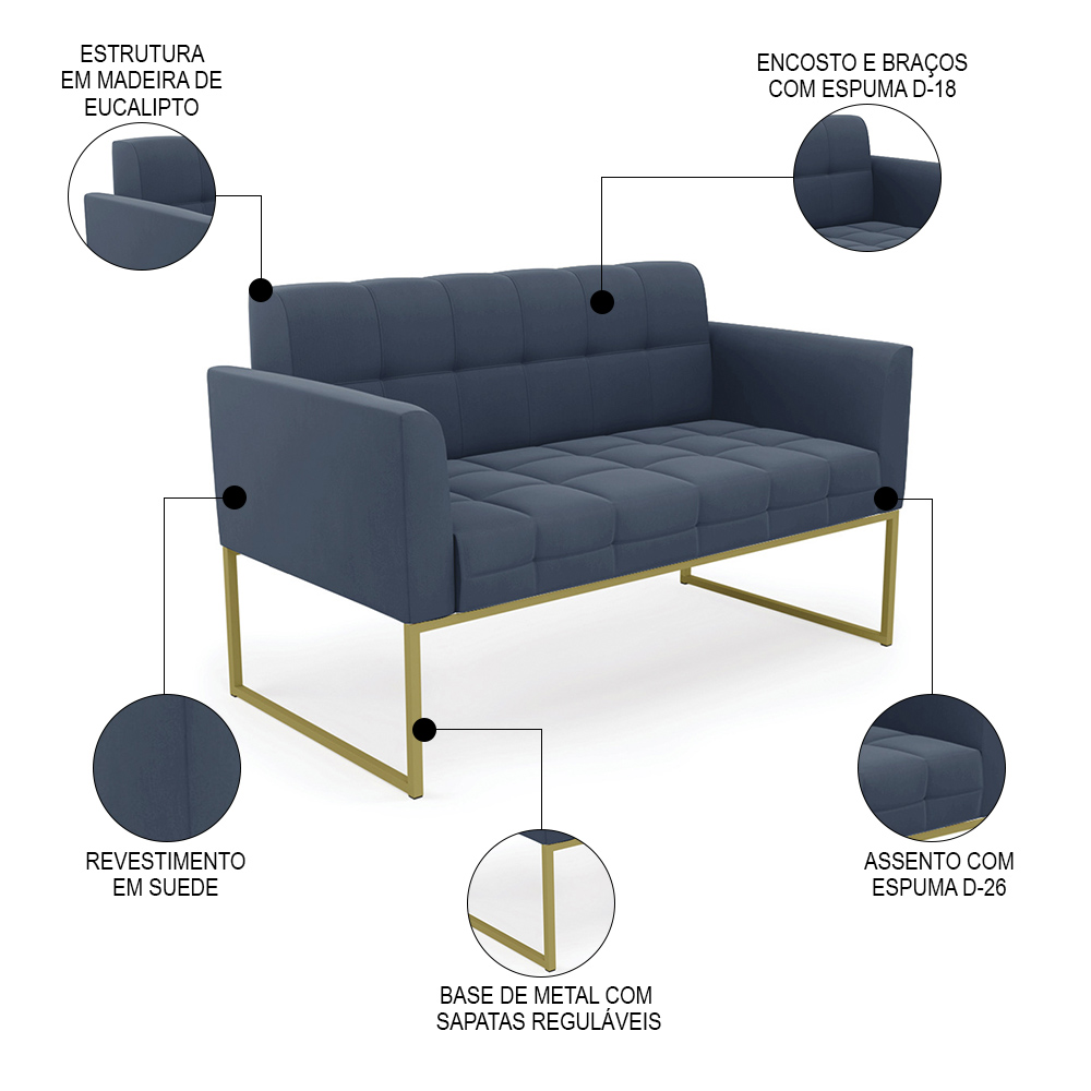Sofá Namoradeira e 1 Poltrona Base Industrial Dourado Ana Suede Azul Marinho - Ibiza