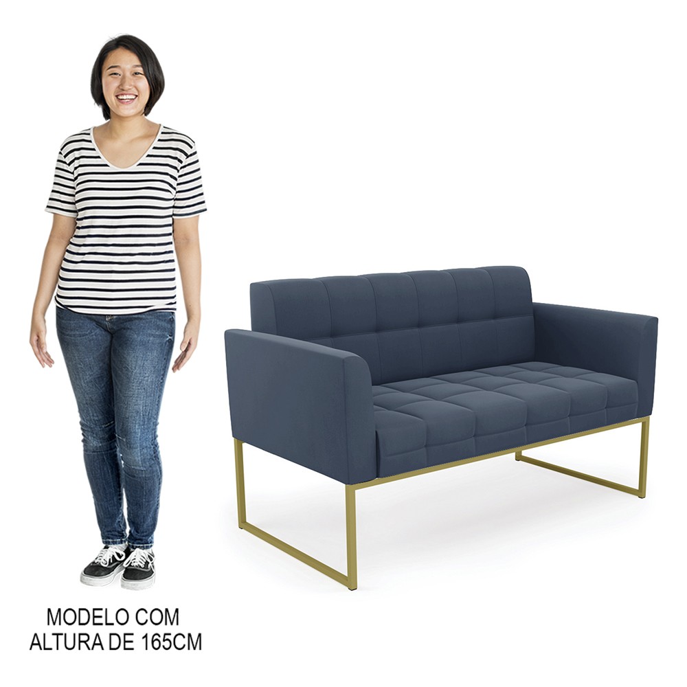 Sofá Namoradeira e 1 Poltrona Base Industrial Dourado Ana Suede Azul Marinho - Ibiza