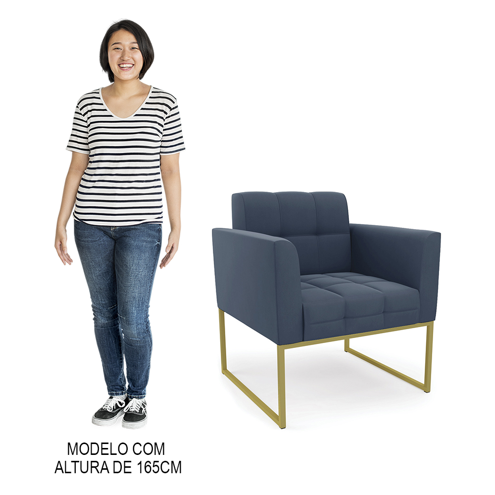 Sofá Namoradeira e 1 Poltrona Base Industrial Dourado Ana Suede Azul Marinho - Ibiza