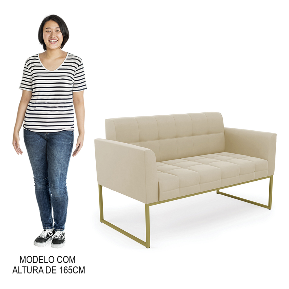 Sofá Namoradeira e 1 Poltrona Base Industrial Dourado Ana Suede Bege - Ibiza