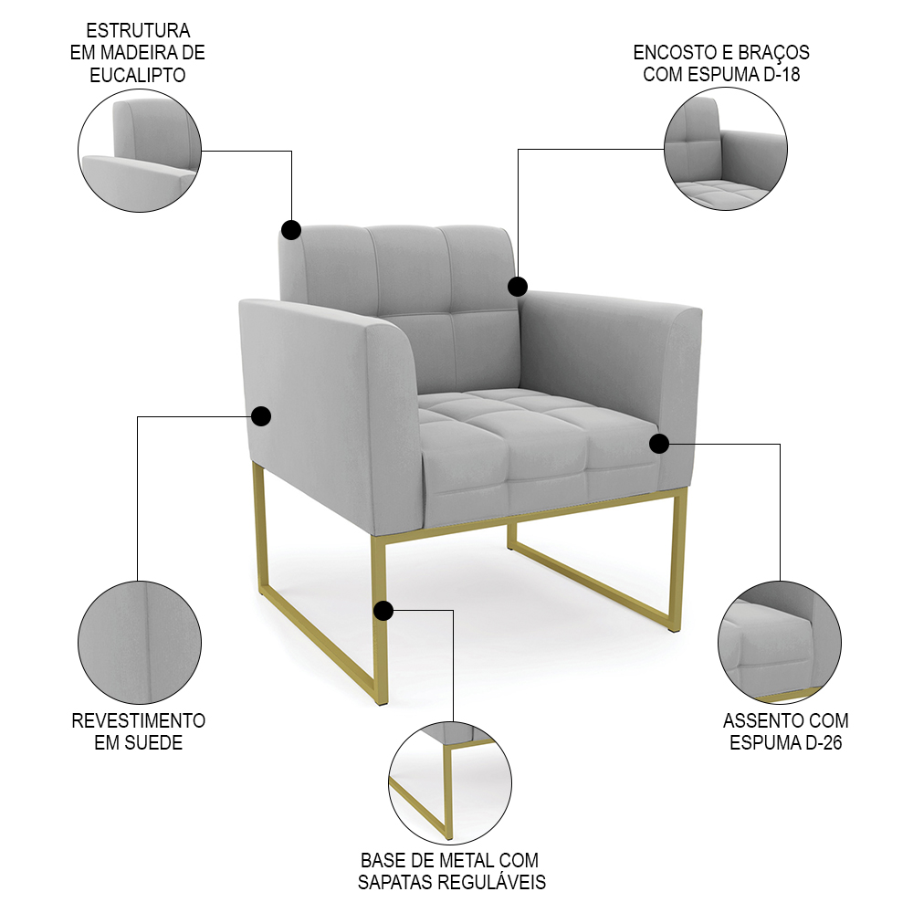 Sofá Namoradeira e 1 Poltrona Base Industrial Dourado Ana Suede Cinza - Ibiza