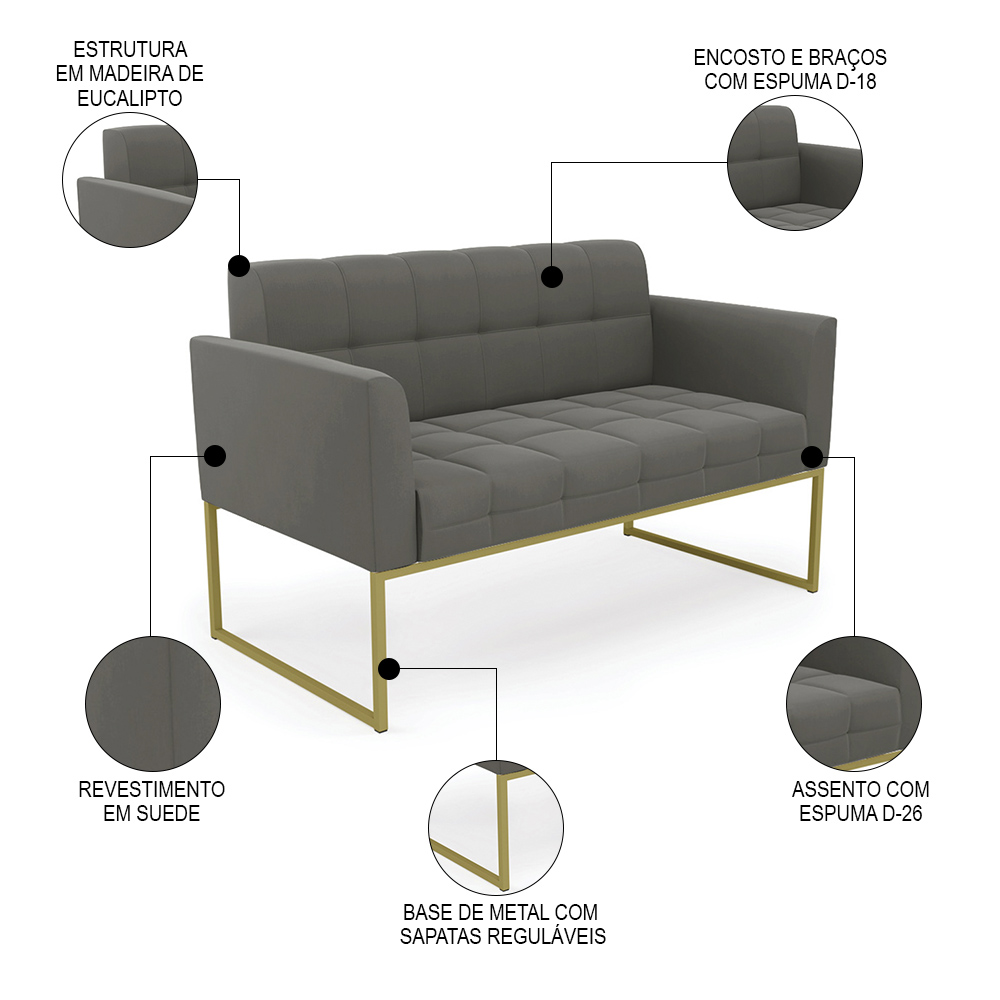 Sofá Namoradeira e 1 Poltrona Base Industrial Dourado Ana Suede Grafite - Ibiza