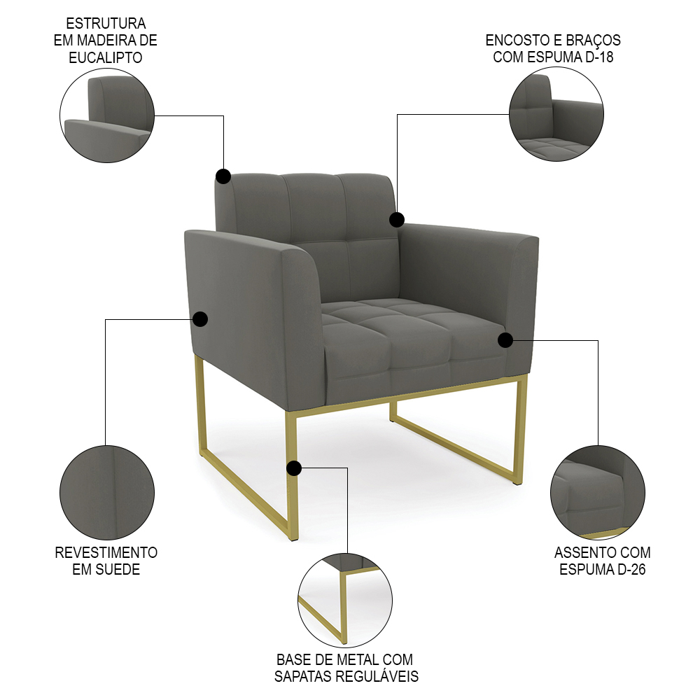 Sofá Namoradeira e 1 Poltrona Base Industrial Dourado Ana Suede Grafite - Ibiza