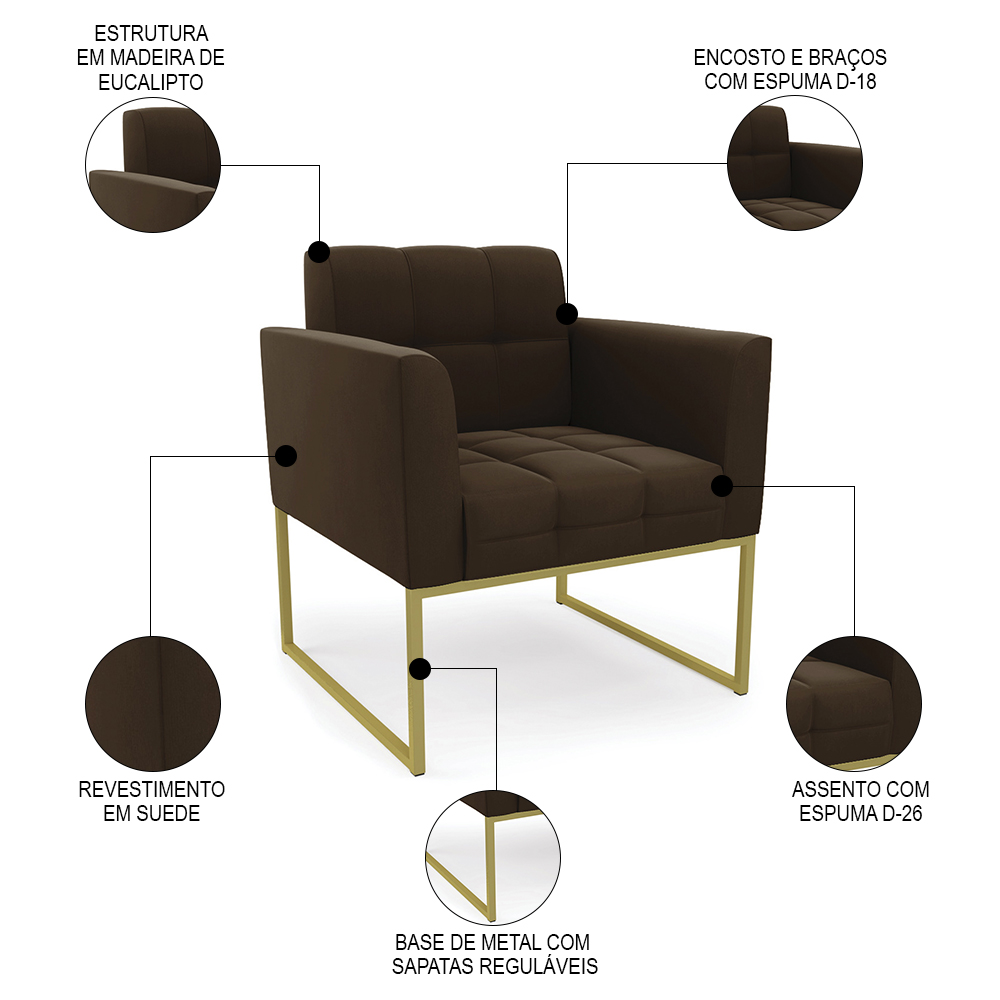 Sofá Namoradeira e 1 Poltrona Base Industrial Dourado Ana Suede Marrom - Ibiza
