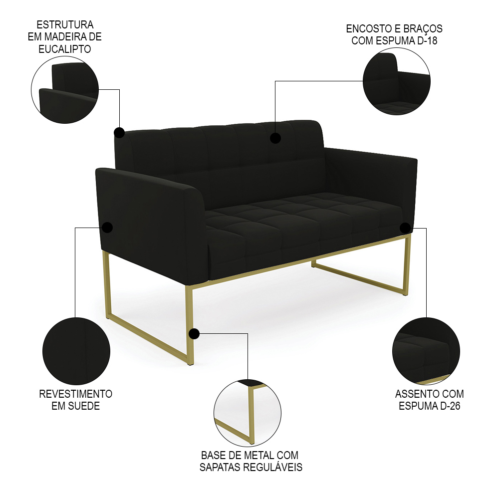Sofá Namoradeira e 1 Poltrona Base Industrial Dourado Ana Suede Preto - Ibiza
