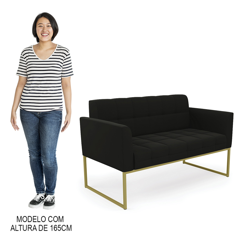 Sofá Namoradeira e 1 Poltrona Base Industrial Dourado Ana Suede Preto - Ibiza