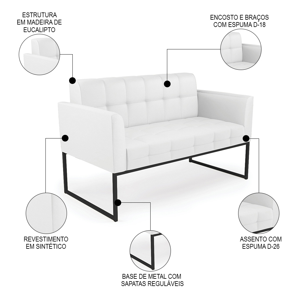 Sofá Namoradeira e 1 Poltrona Base Industrial Preto Ana Sintético Branco - Ibiza
