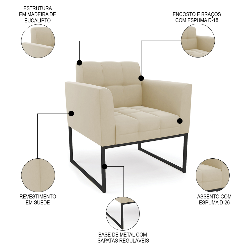 Sofá Namoradeira e 1 Poltrona Base Industrial Preto Ana Suede Bege - Ibiza