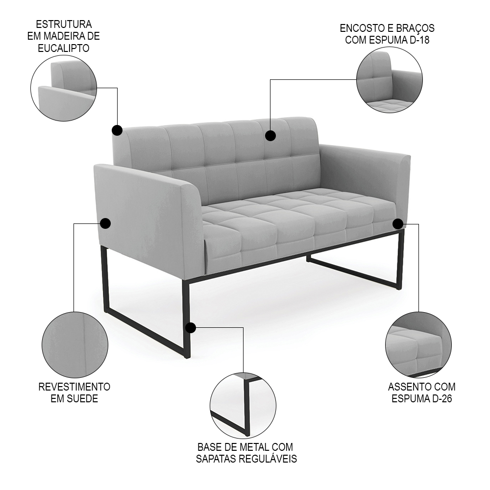 Sofá Namoradeira e 1 Poltrona Base Industrial Preto Ana Suede Cinza - Ibiza